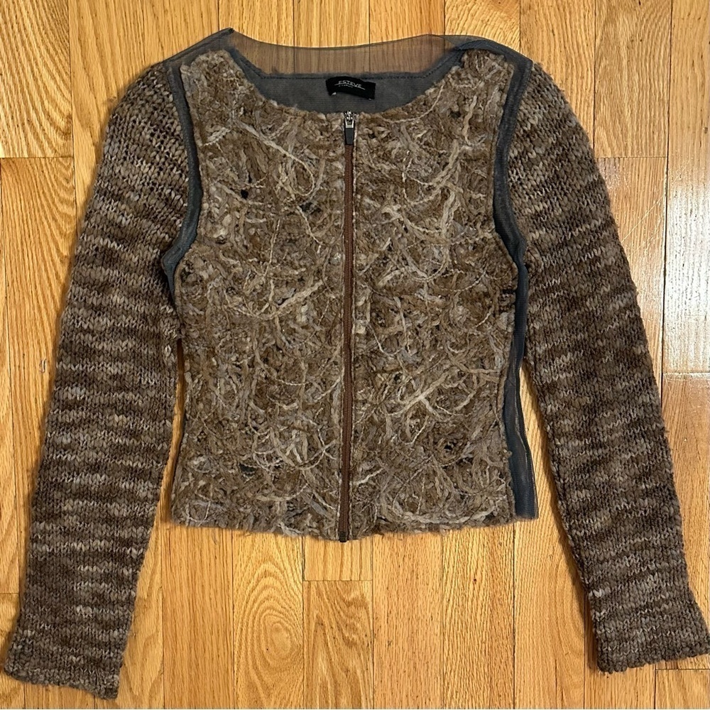 ESTEVE Sita Murt Unique Wool Cardigan Sweater Knit w.Sheer Cut Outs Full Zip XS